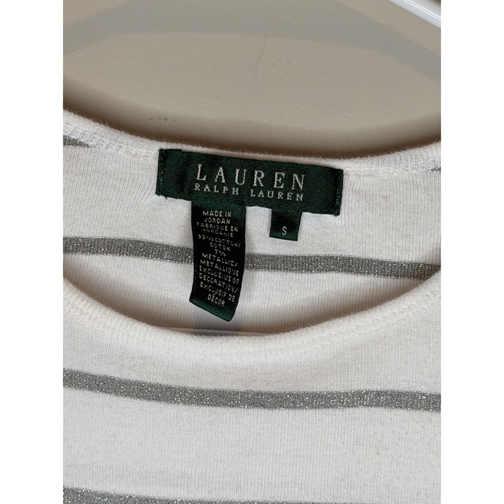 Lauren Ralph Lauren White Silver Metallic Stripe Short Sleeve Tee Smal - Picture 6 of 7